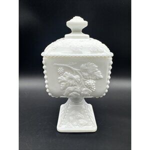 VTG Westmoreland Milk Glass Square Pedestal Covered Candy Dish Grape Vine Leaf